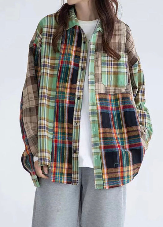 Patchwork Plaid Shirt Oversized Shirt Sleeve Long Sleeve Button Up