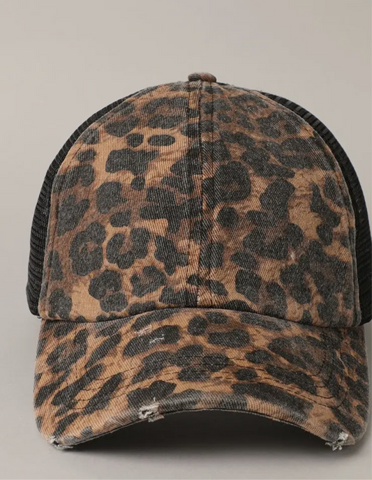 Leopard Distressed Mesh Baseball Cap