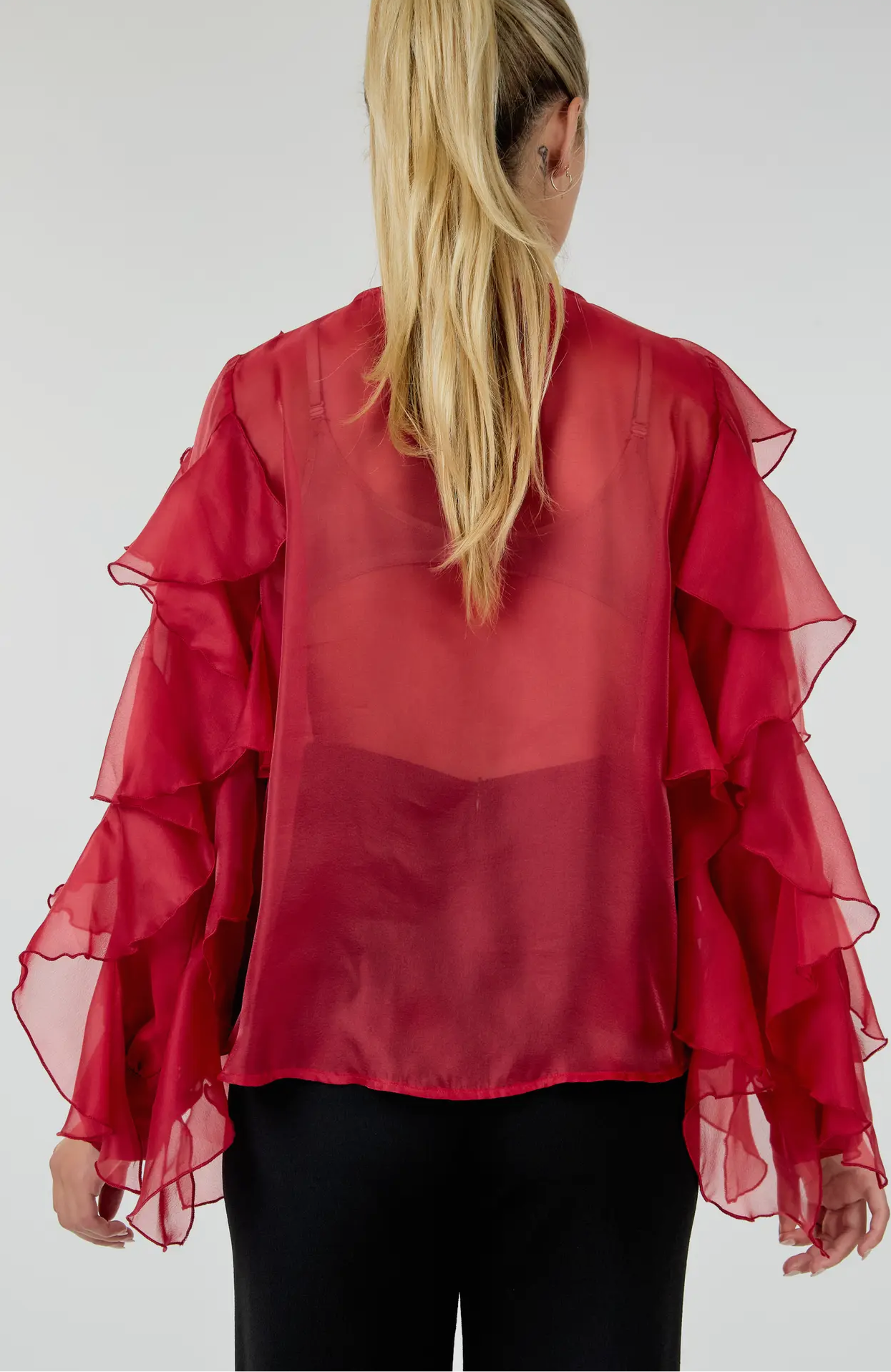 CASCADING RUFFLE BLOUSE TOP_Burgundy