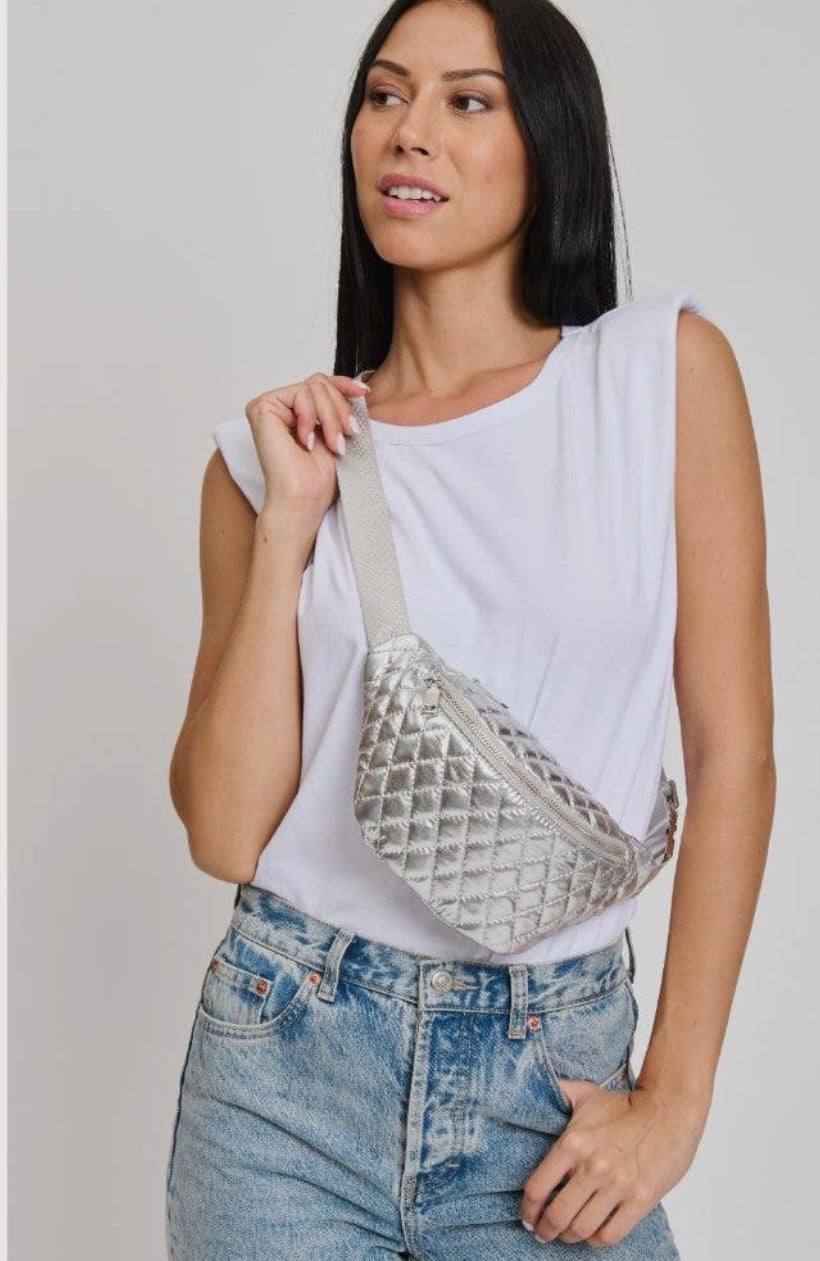 Breonna Silver Metallic Quilted Belt Bag
