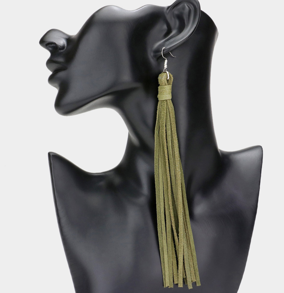 Genuine Leather Tassel Dangle Earrings_Olive Green