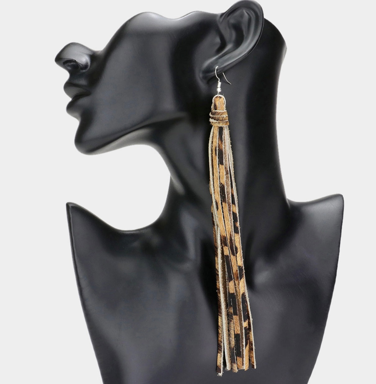 Genuine Leather Tassel Dangle Earrings_Leopard