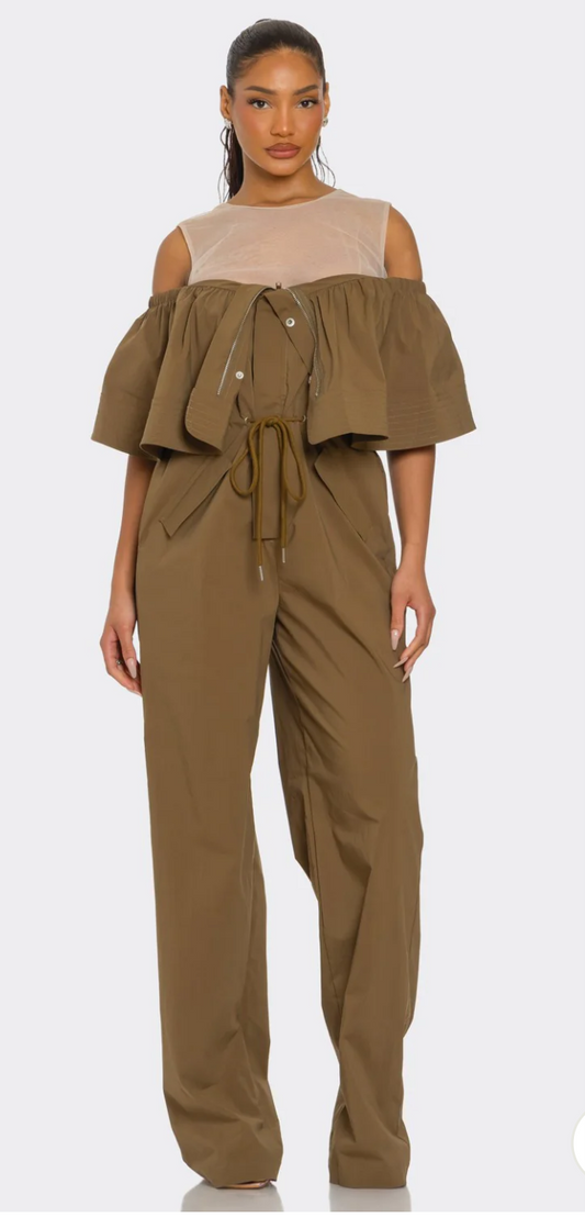 DUAL ESSENCE OFF-SHOULDER UTILITY JUMPSUIT