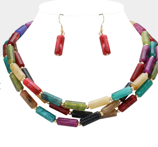 Celluloid Acetate Pebble Beaded Layered Bib Necklace