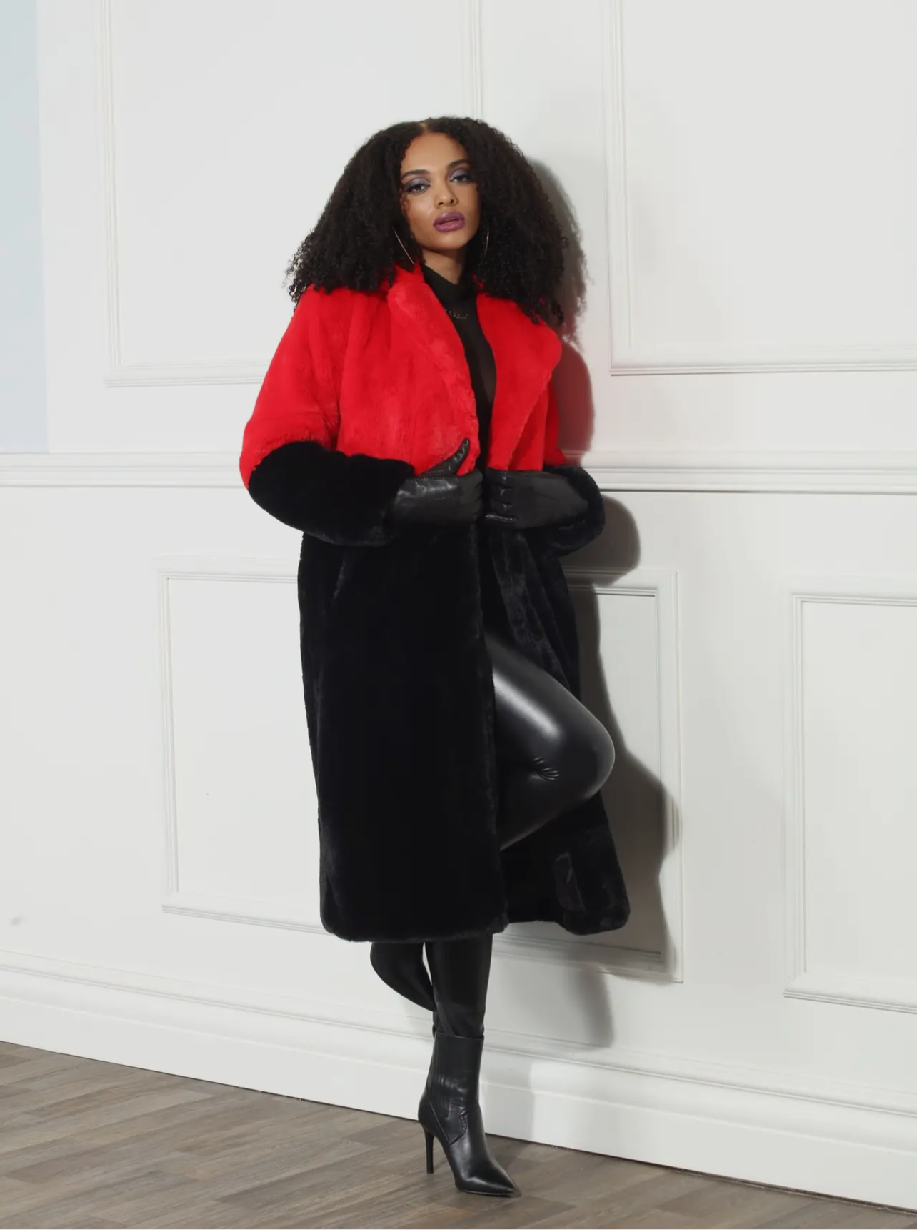 Black and Red Faux Fur Coat