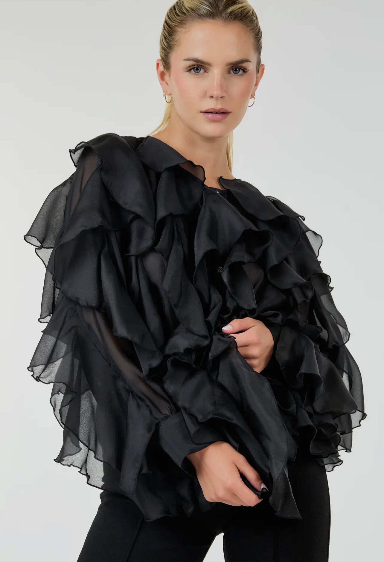 CASCADING RUFFLE BLOUSE TOP_Black