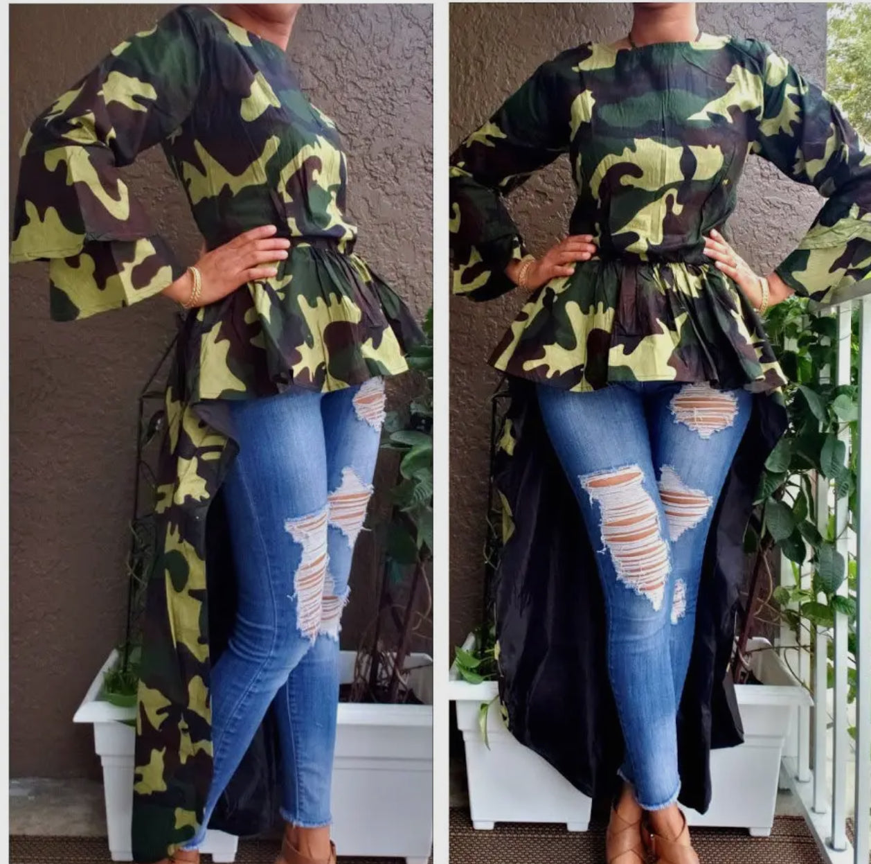How you like me Camo High-low Bell Sleeve Top