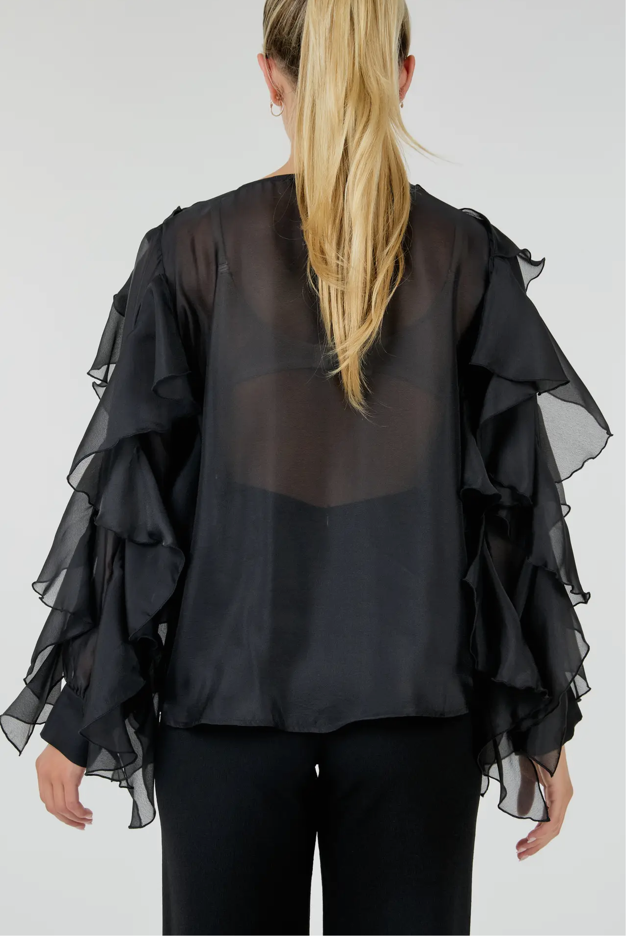 CASCADING RUFFLE BLOUSE TOP_Black