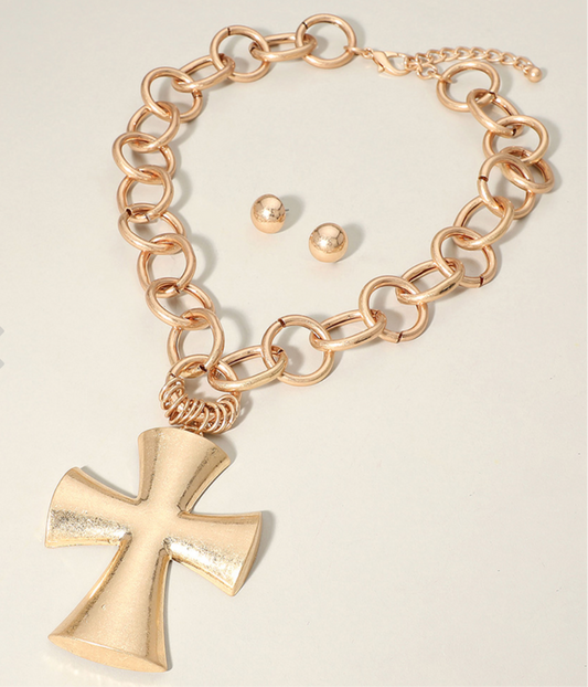 Chunky Matte Metal Cross Pendant Necklace