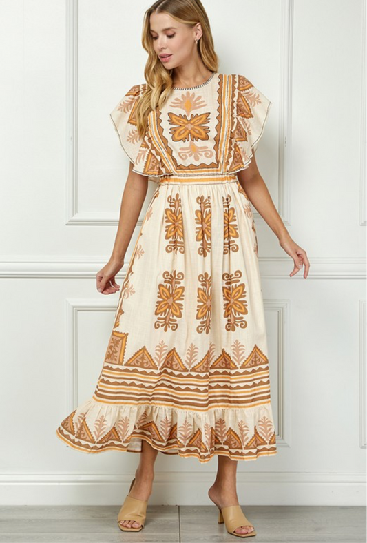 Georgia Peach FLUTTER SLEEVE MIDI DRESS
