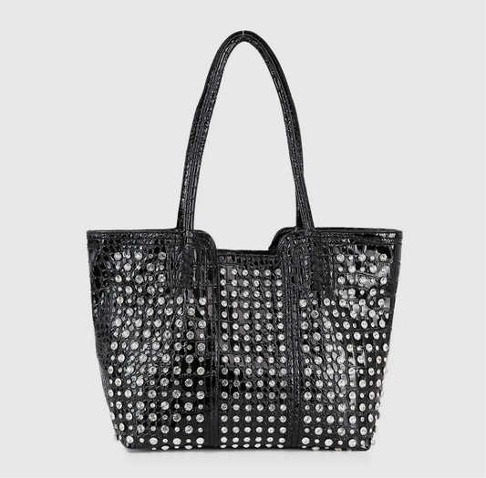 Black Studded Embossed Tote Handbag