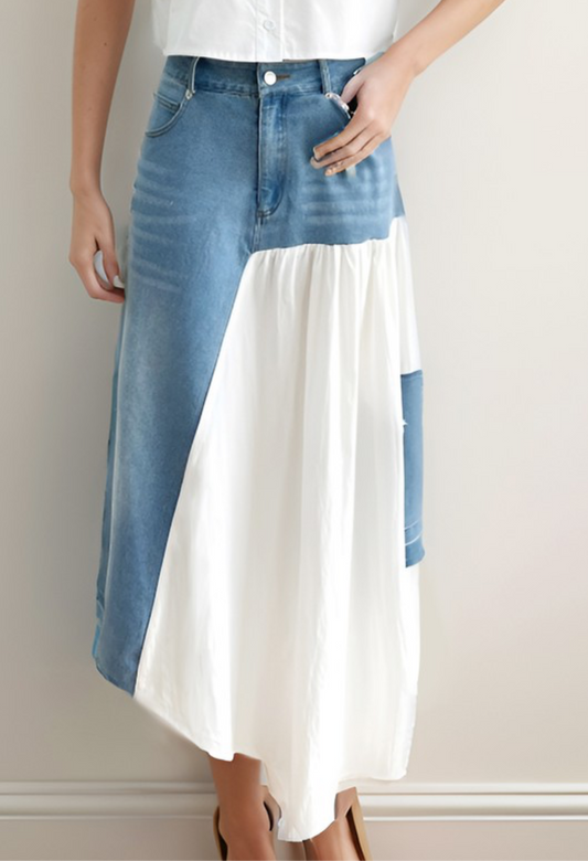 Pressed Two Tone Contrast Denim Skirt