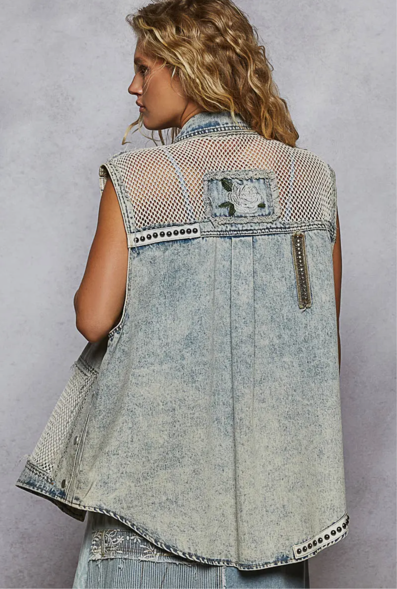 Miranda Oversized Sleeveless Embroidered Patchwork Premium Denim Vest