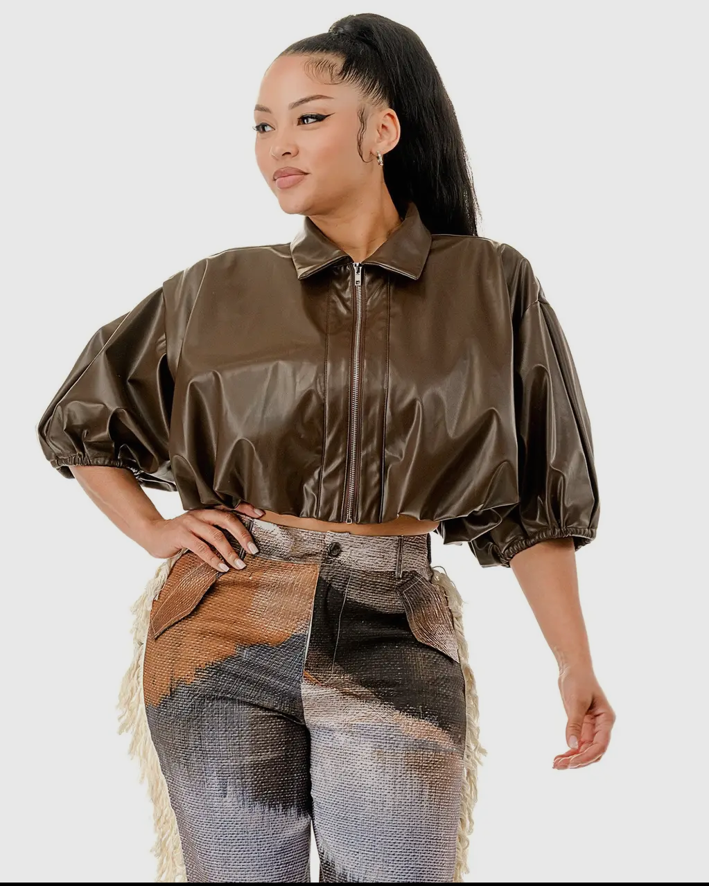 Vegan Leather Cropped Zip Up Blouse