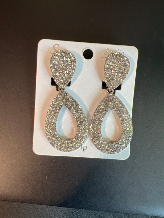 Silver Rhinestone Clip Earrings
