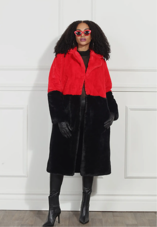 Black and Red Faux Fur Coat