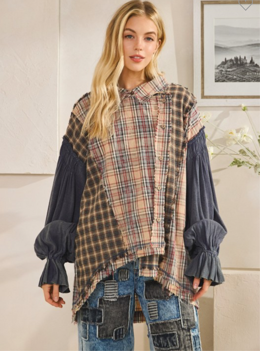 Washed Plaid Asymmetrical Button Down Shirt