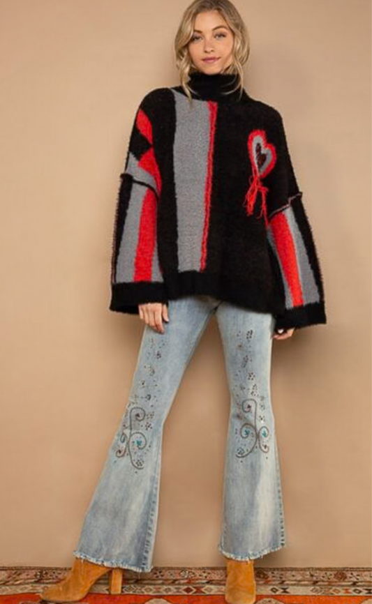 Turtleneck Color Block Fringe Detail Sweater