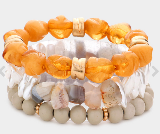 3PCS - Natural Stone Pearl Wood Beaded Stretch Bracelets