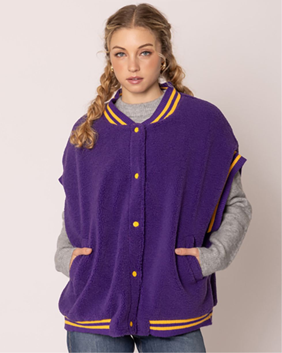 Game Day Sherpa Vest_Purple & Yellow