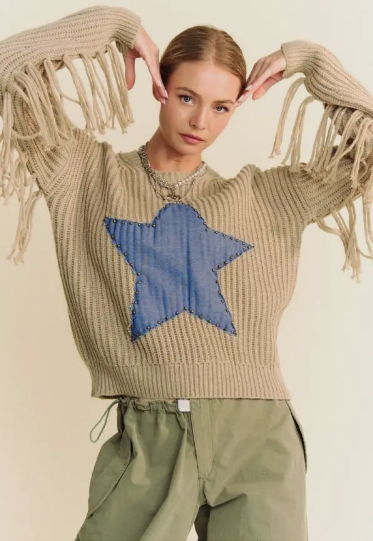 Denim Star & Fringe Detail Sweater