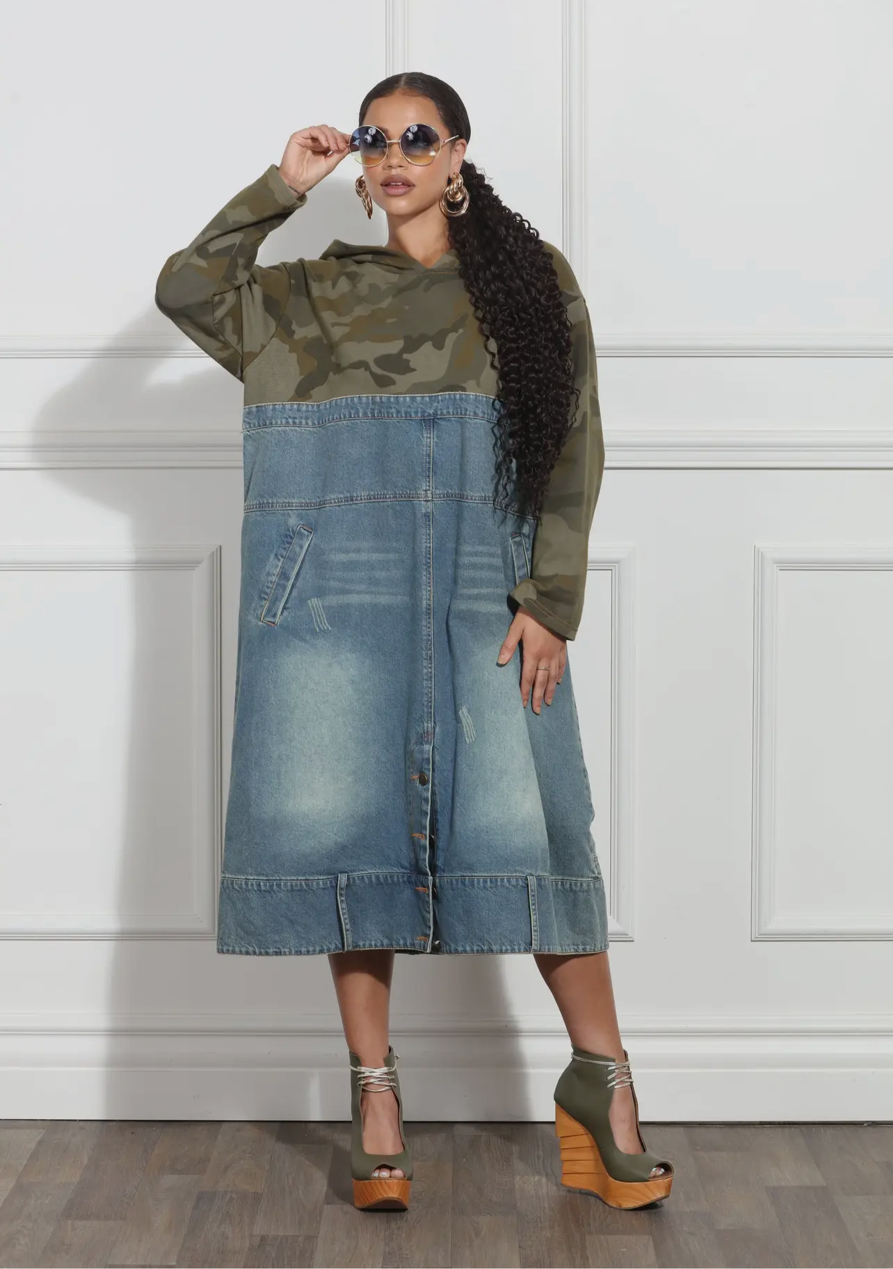 Anytime You Like Denim Camo Hoodie Dress