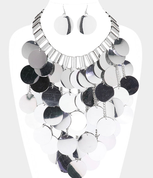 Oversized Metallic Disc Chandelier Statement Necklace