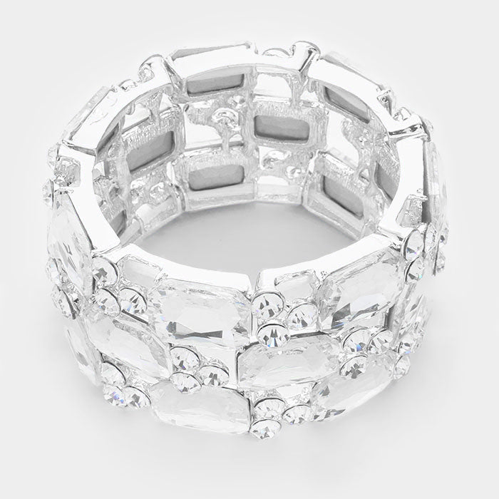 Silver Emerald Cut Crystal Rhinestone Stretch Bracelet