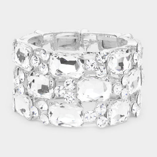 Silver Emerald Cut Crystal Rhinestone Stretch Bracelet