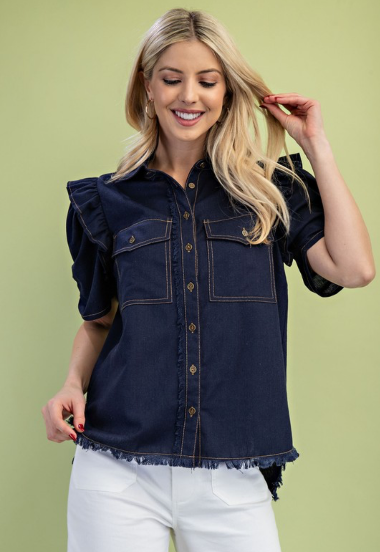 Ozzie Ruffled Gathered Denim Shirt