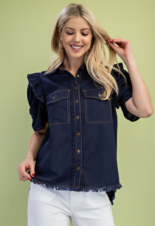 Ozzie Ruffled Gathered Denim Shirt