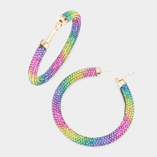 Multi Color Rhinestone Pave Hoop Earrings