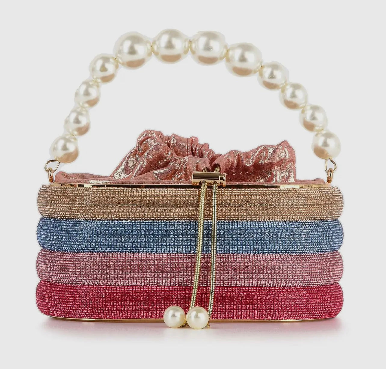 Pearl Accented Multi Color Striped Rhinestone Evening Bag