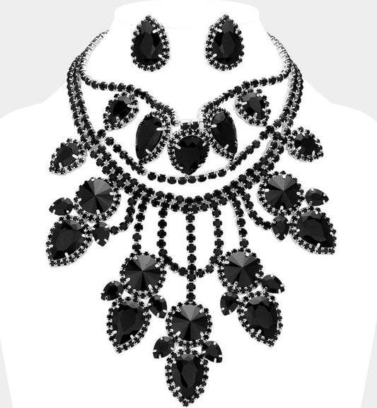 Black Teardrop Stone Cluster Embellished Rhinestone Paved Chandelier Statement Choker Necklace