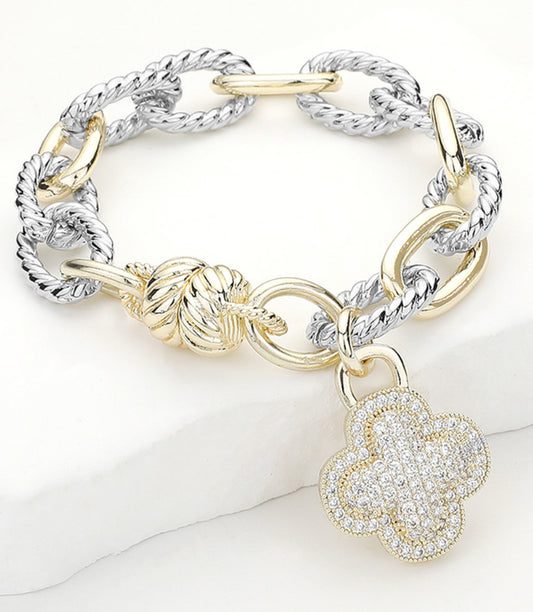 14K Gold Plated Two Tone CZ Stone Paved Quatrefoil Charm Magnetic Bracelet