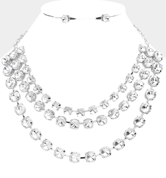 Silver Round Stone Triple Layered Bib Necklace