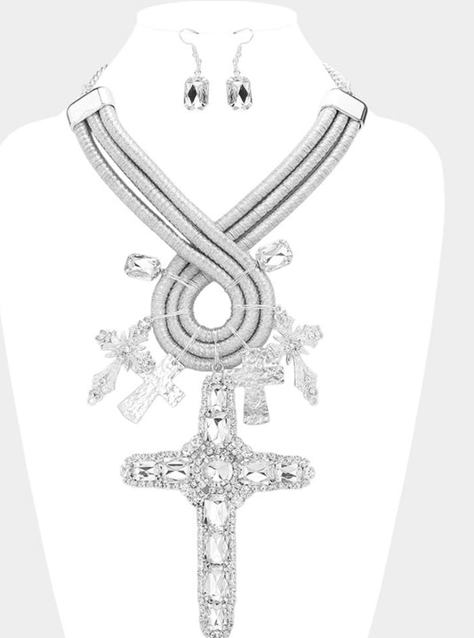 Oversized Stone Embellished Cross  Metal Wire Statement Necklace_Silver