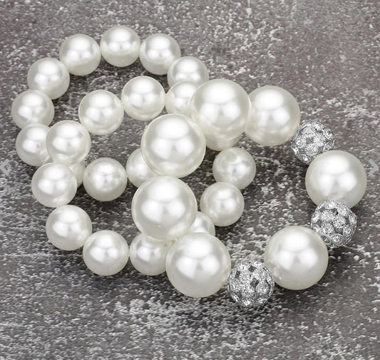 3PCS - Chunky Pearl Ball Beaded Stretch Multi Layered Bracelets_White Silver