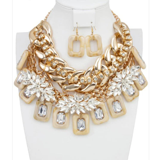 Gold Crystal Gem Statement Necklace Set