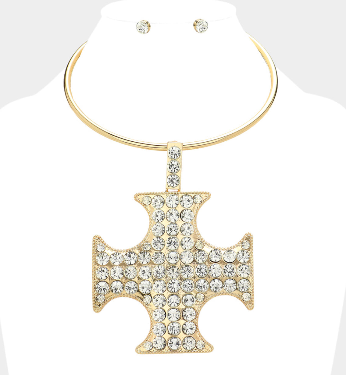 Stone Paved Cross Pendant Pointed Statement Necklace-Gold