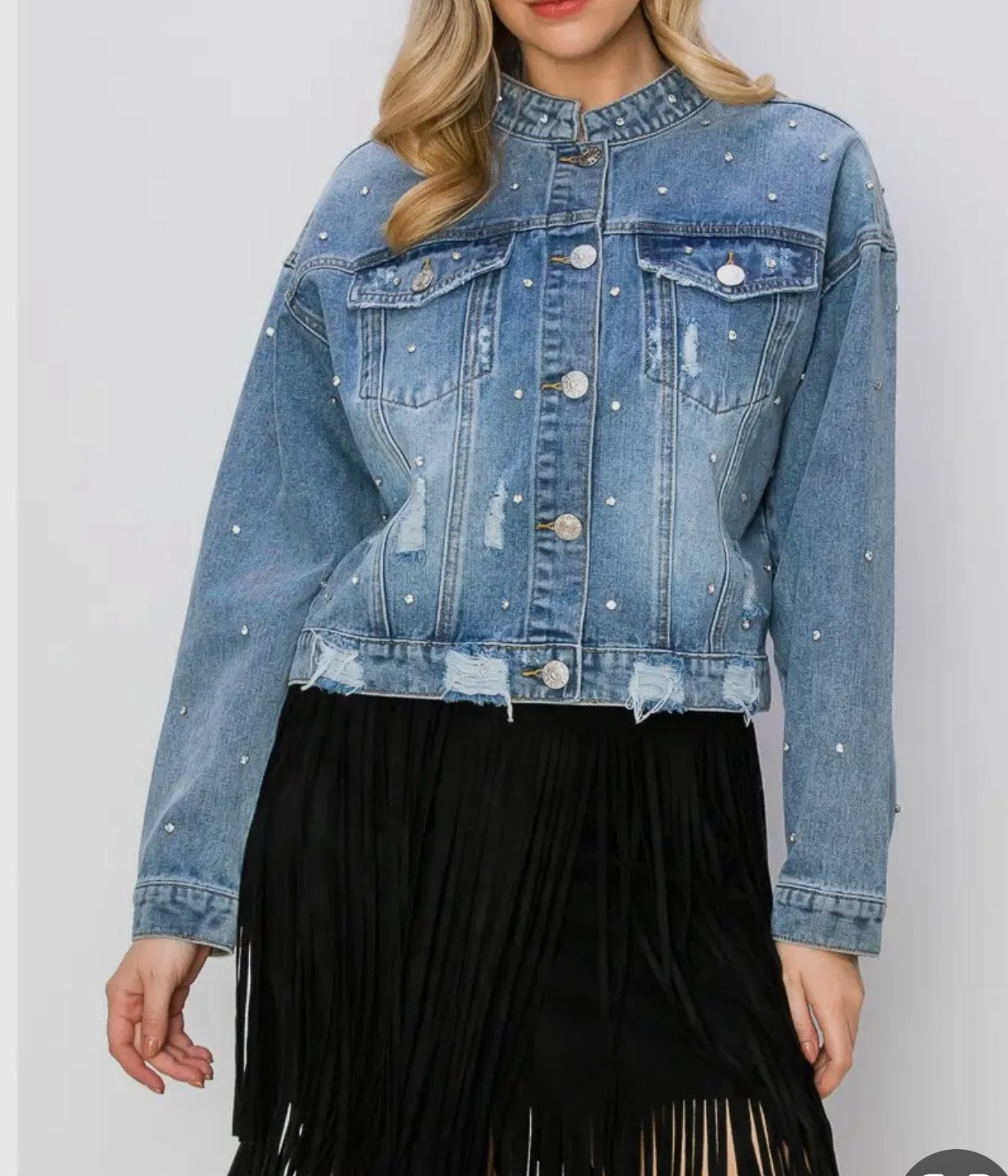 Denim Distressed Jacket w Rhinestone