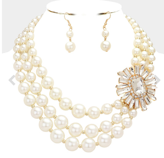 Multi Stone Multi Layered Pearl Necklace