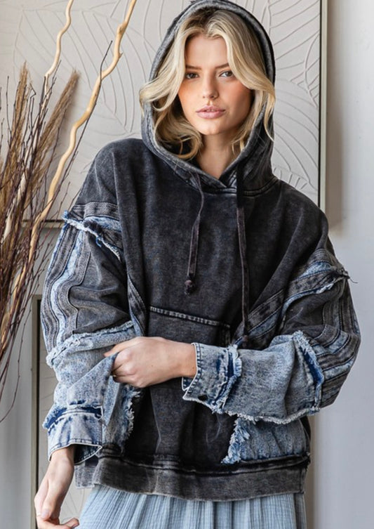 Demi Black Oversized Fleece Sweatshirt w/ Denim Sleeves