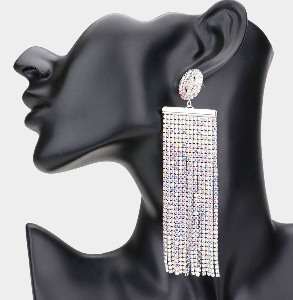 AB Silver Oversized Crystal Rhinestone Tassel Statement Earrings