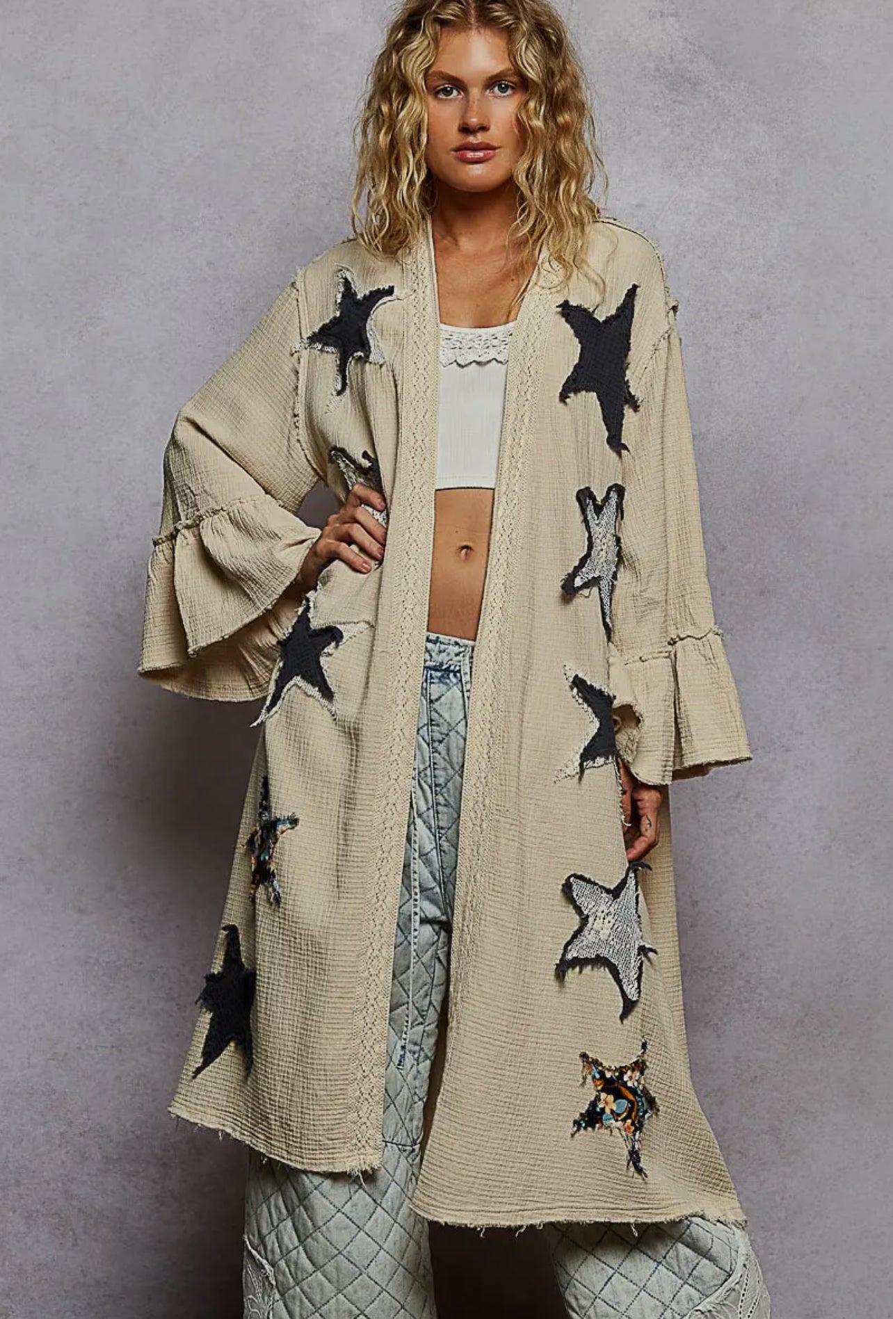 3/4 SLEEVE DOUBLE
GAUZE PRINTED
RUFFLE WOVEN LONG CARDIGAN