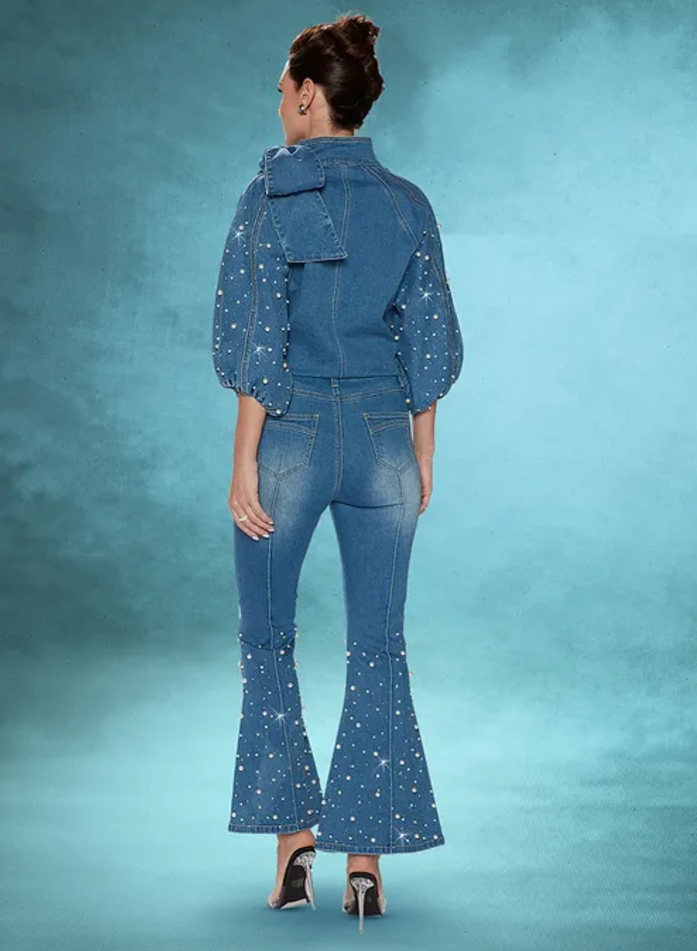 Premium Blend Denim Trimmed With Pearls & Rhinestones 2pc Set