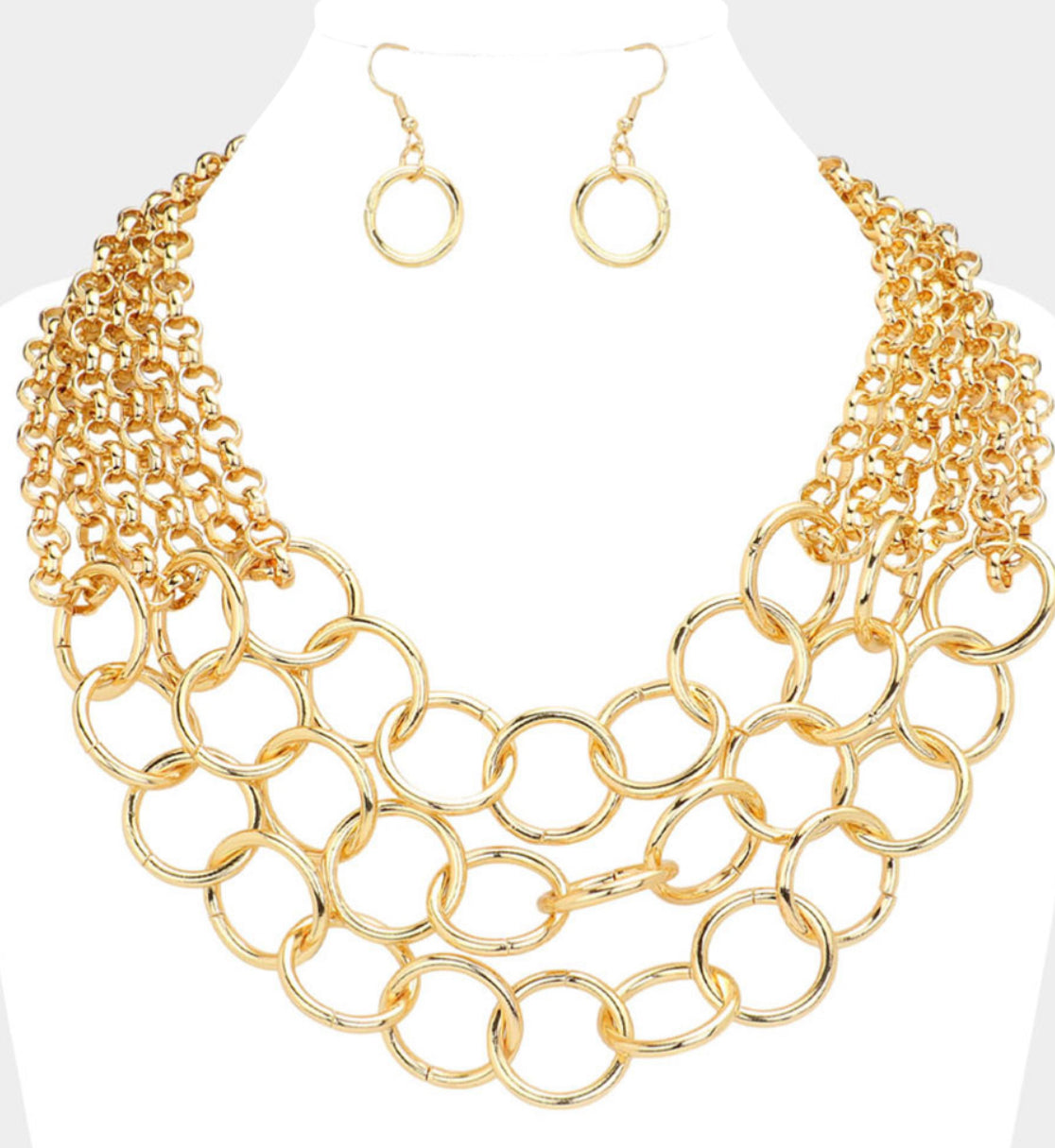 Gold Metal O Ring Link Triple Layered Statement Necklace