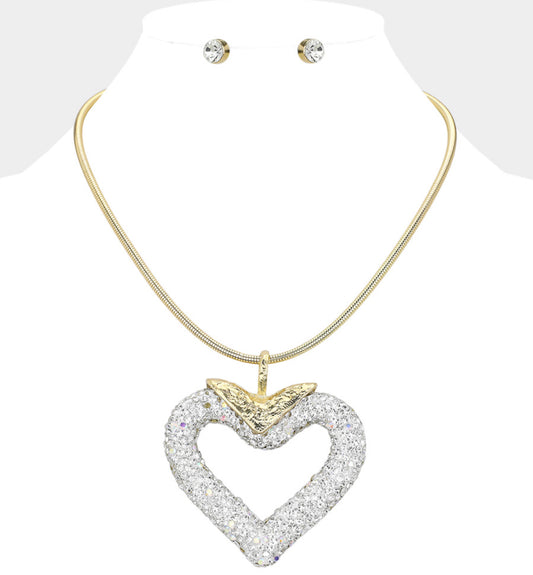 Chunky Bling Studded Heart Pendant Necklace