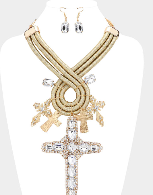 Oversized Stone Embellished Cross  Metal Wire Statement Necklace