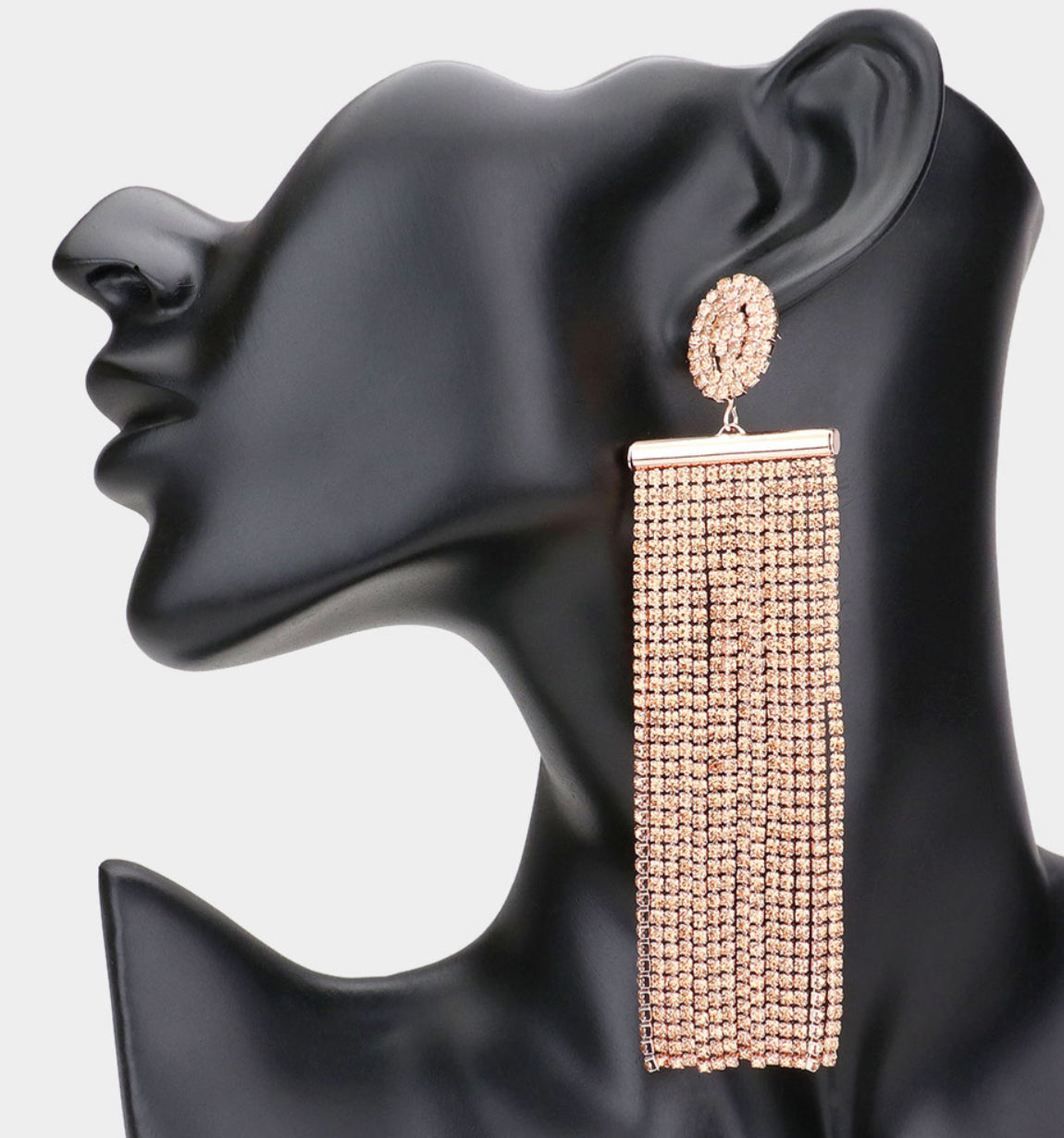 Rose Gold Oversized Crystal Rhinestone Tassel Statement Earrings